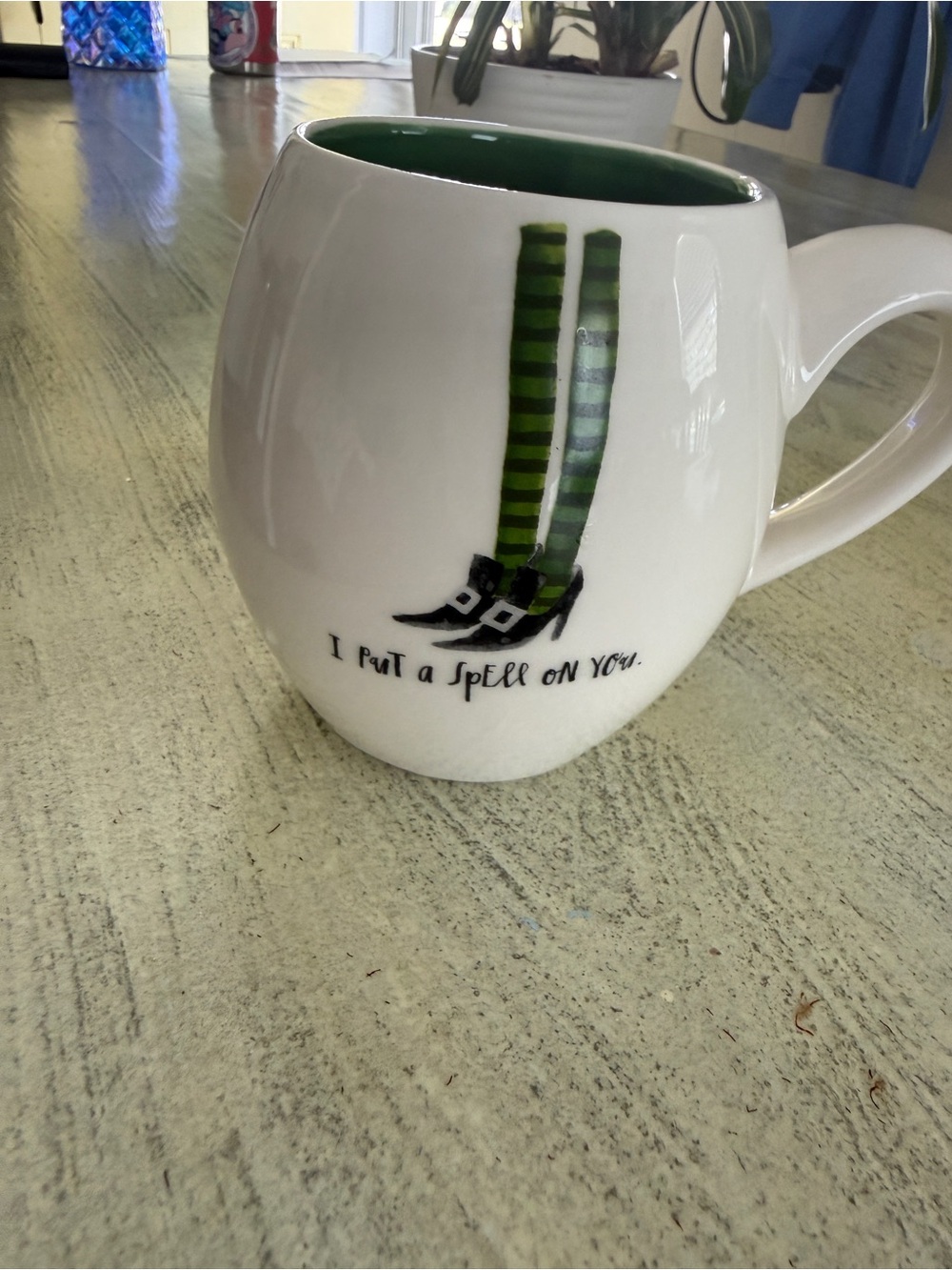 Rae Dunn White Mug with Green Stripe Witch Socks and Green Interior